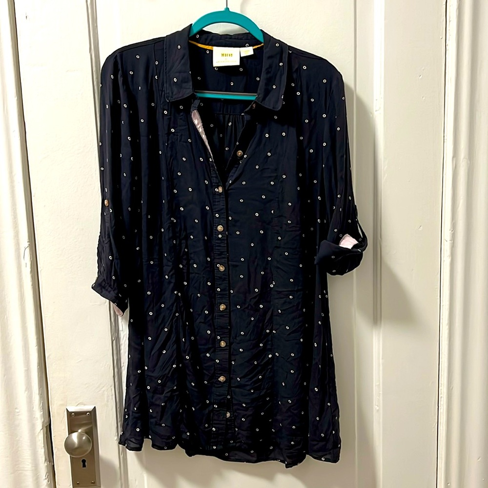 Anthropologie Maeve Polka Dot flare blouse tunic - charcoal and tan